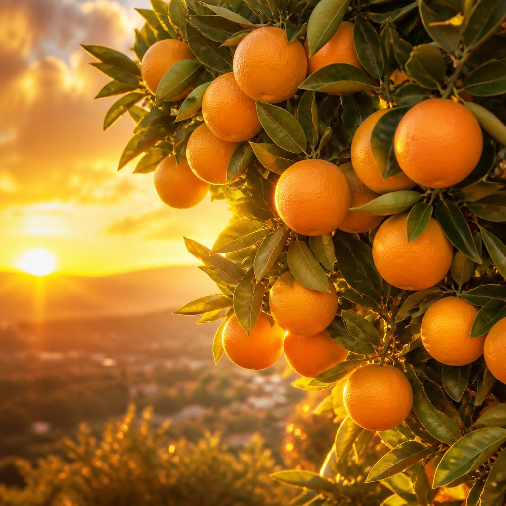 Branch heavy with ripe golden fruit at sunset