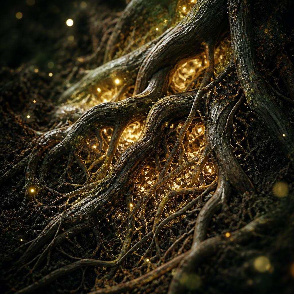 Deep glowing roots in dark soil
