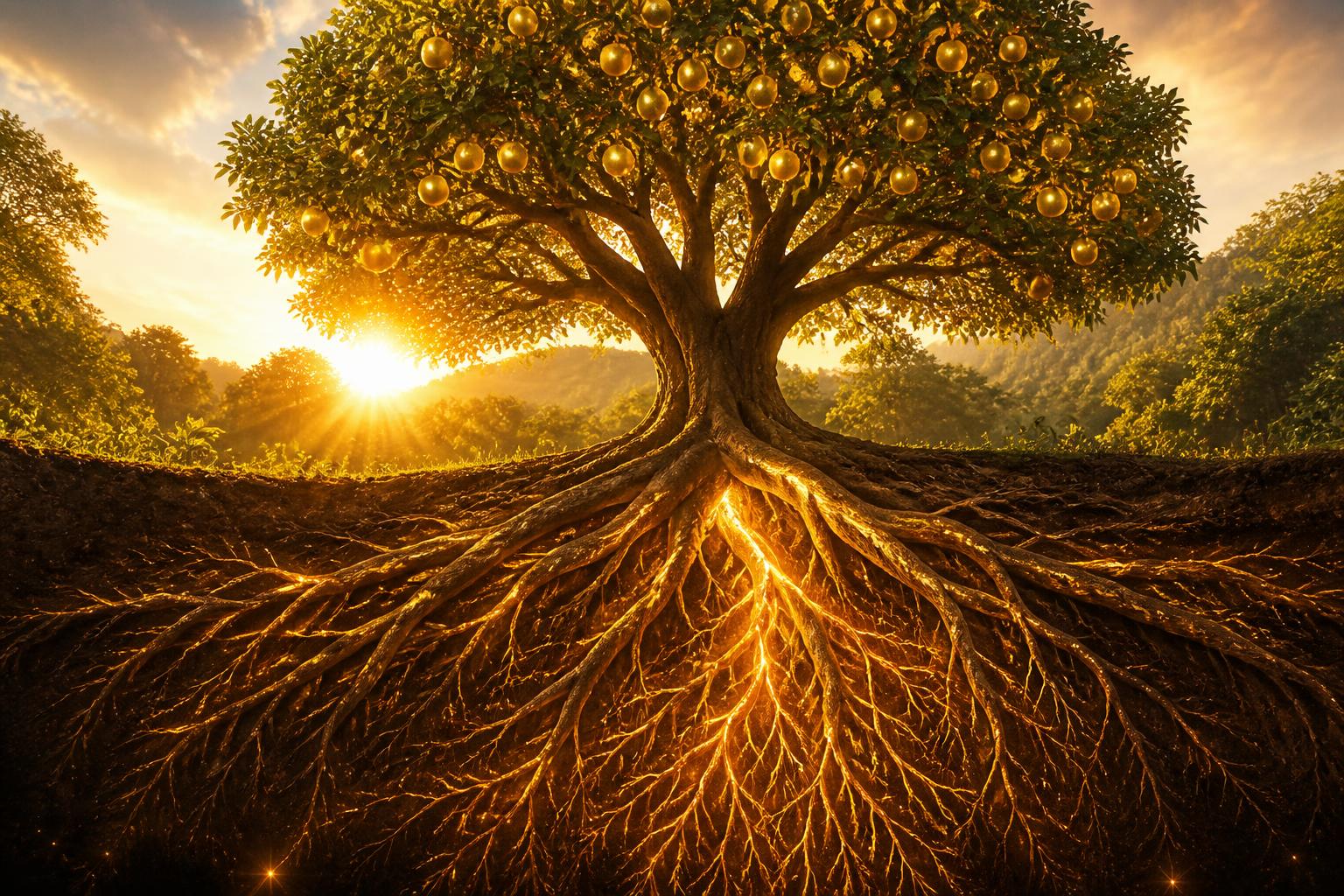 Tree with visible roots and abundant golden fruits